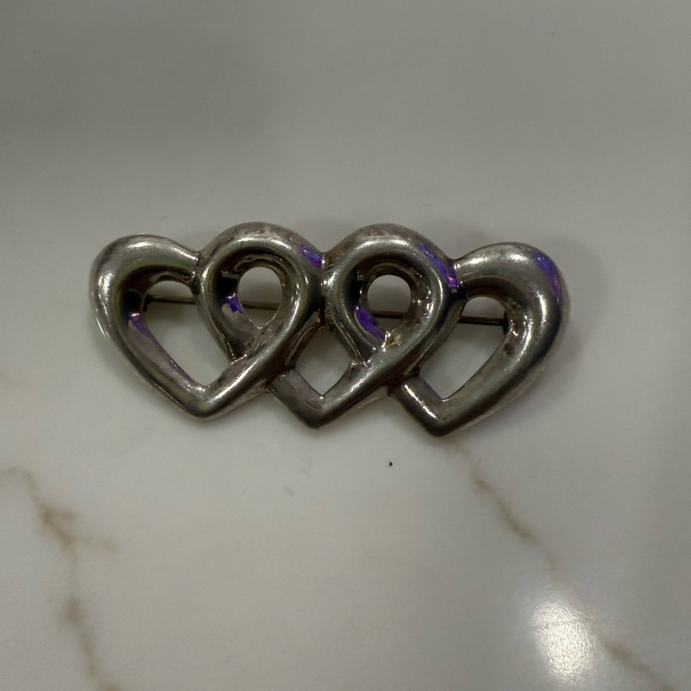 Vintage Silver Three Interlocking Heart Made in Thailand Brooch